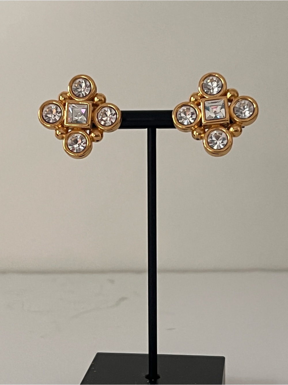 Vintage Monet 80s Gold Geometric Rhinestone Statement Earrings